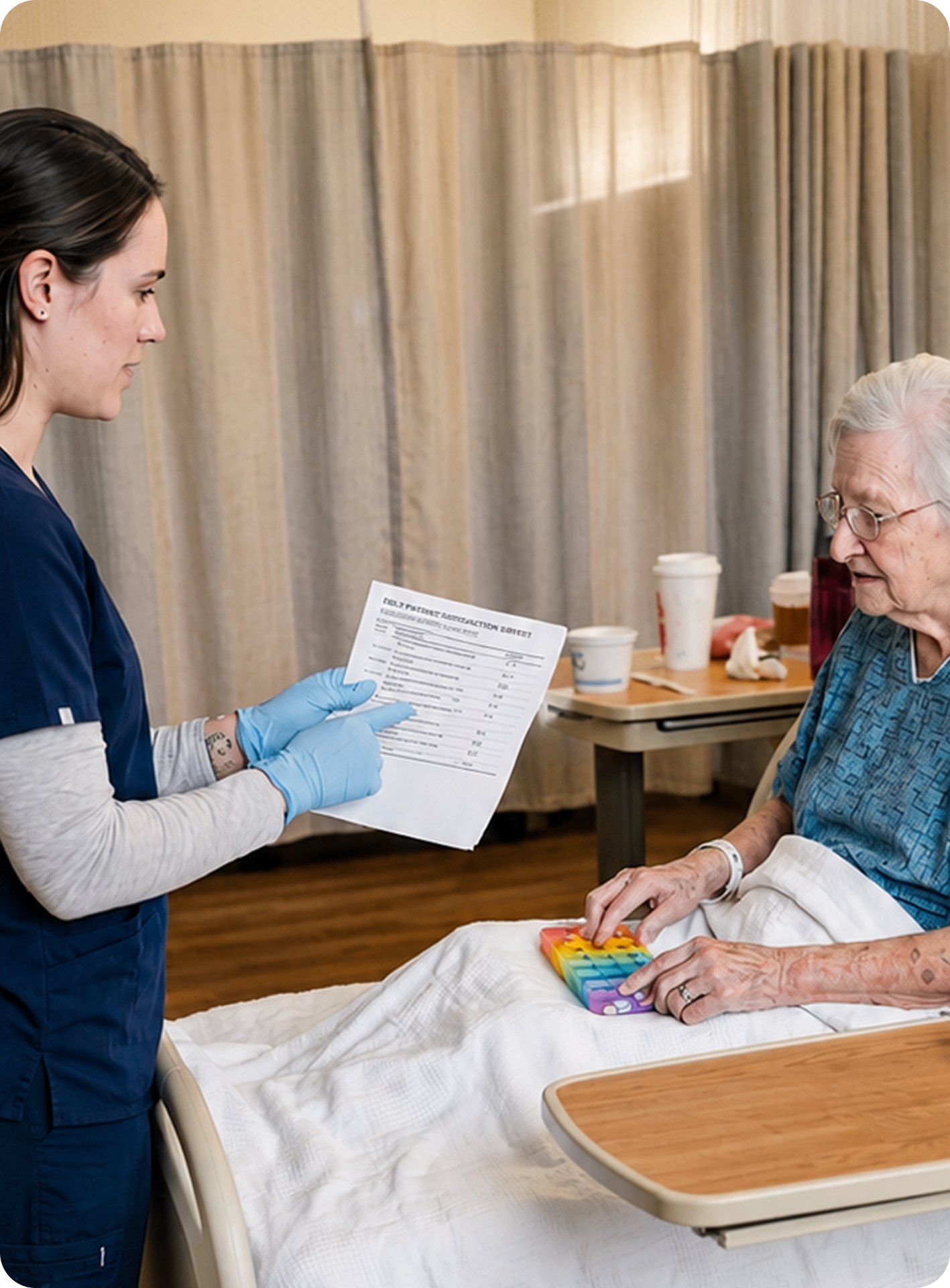 Nurse showing paperwork to elderly patient in hospital bed
