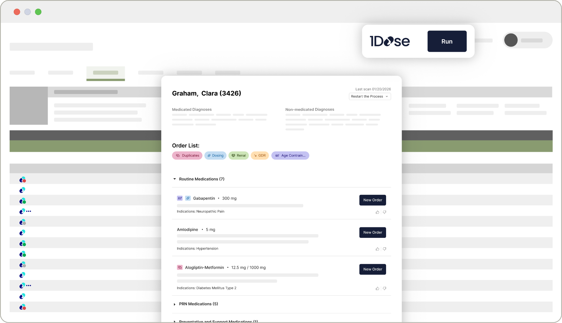 1Dose application showing a patient medication review screen inside an EHR
